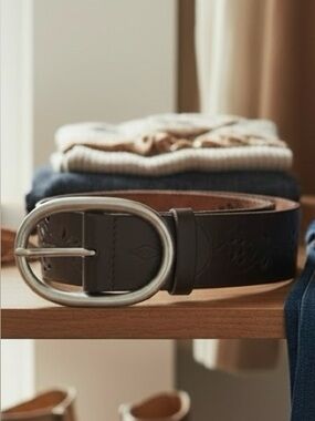 Fossil Leather Belt Dark Brown Lazer Cut Women’s  Size 36 Silver Buckle